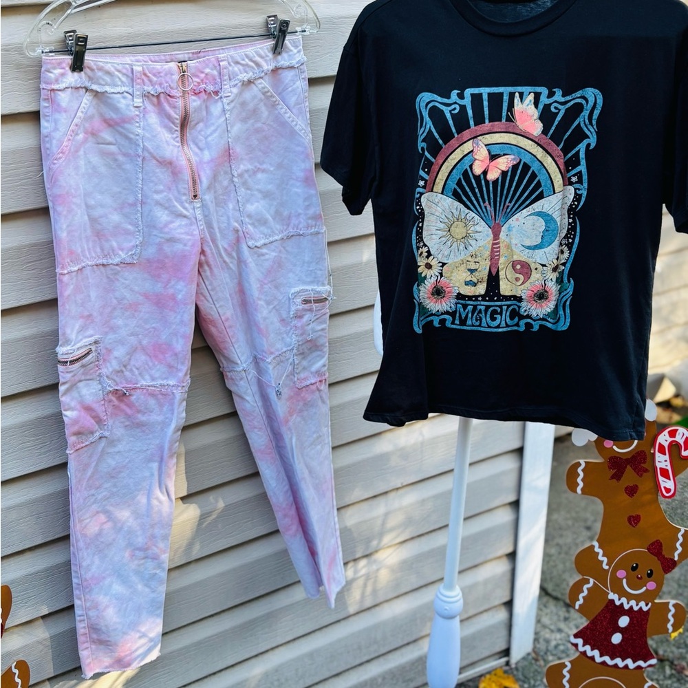 Pink Tie-Dye Cargo Pants and Black Graphic T-Shirt
